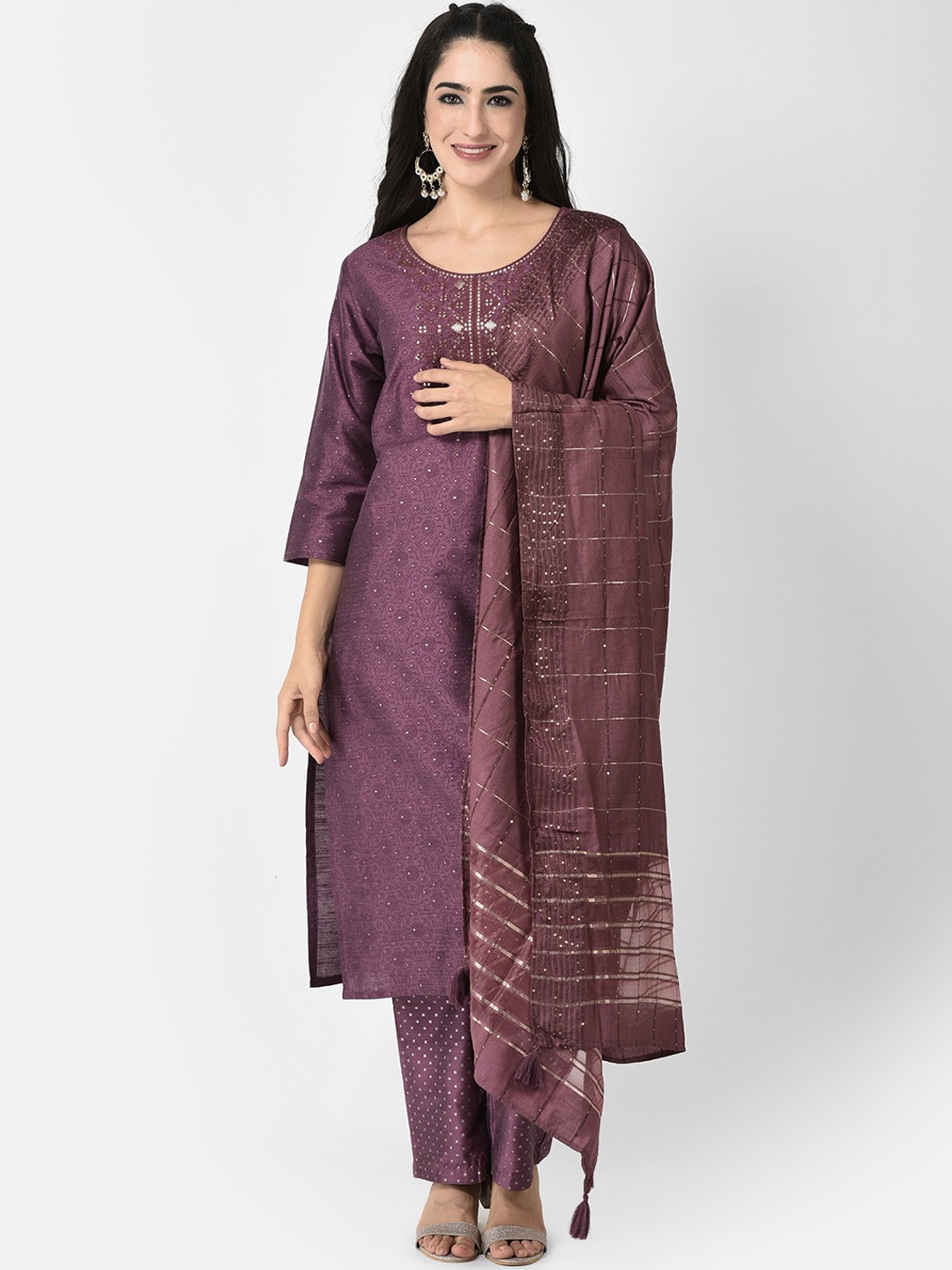 

Span Floral Printed Sequinned Silk Kurta, Purple