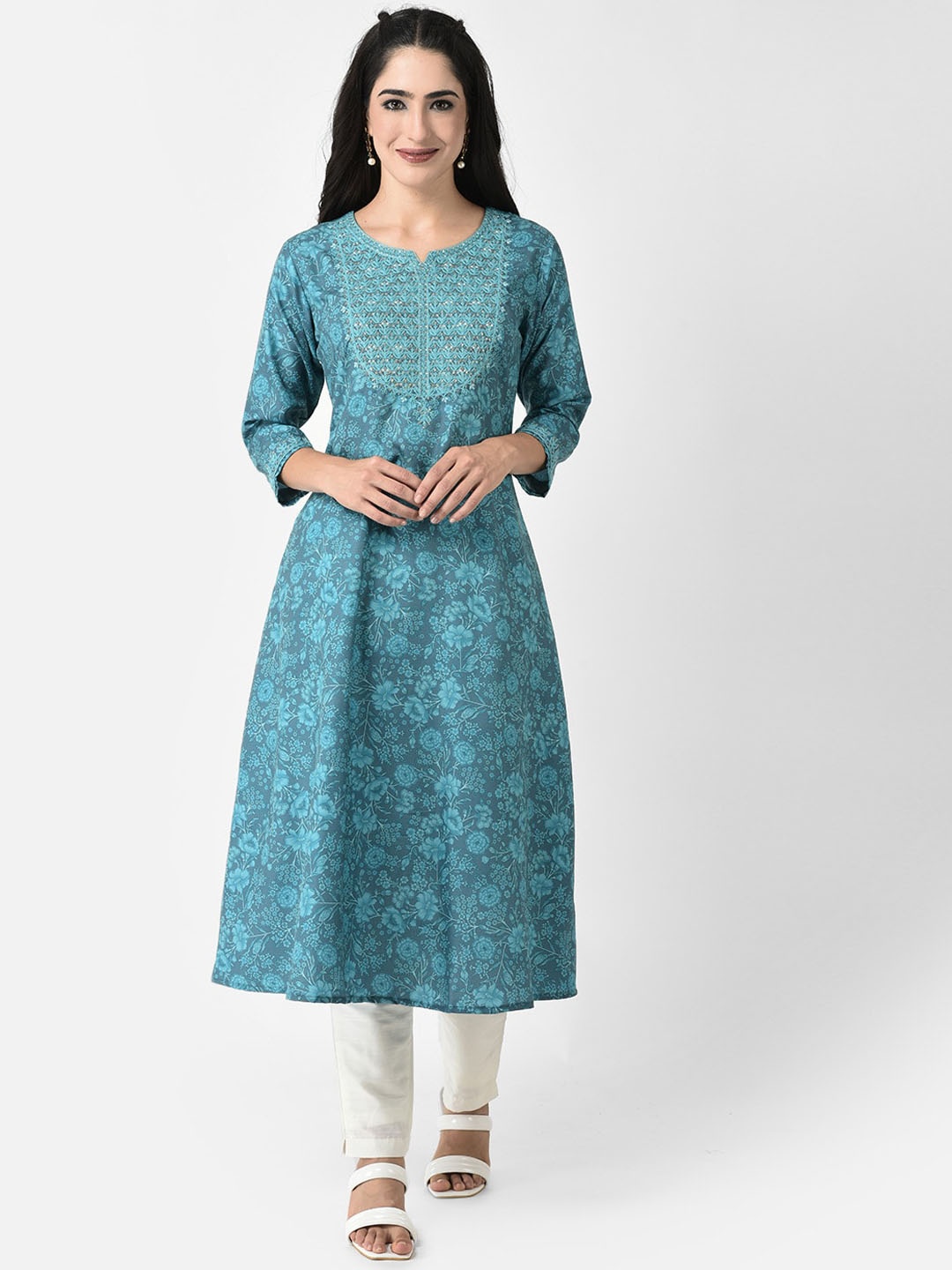 

Span Floral printed Sequinned Cotton Kurta, Green