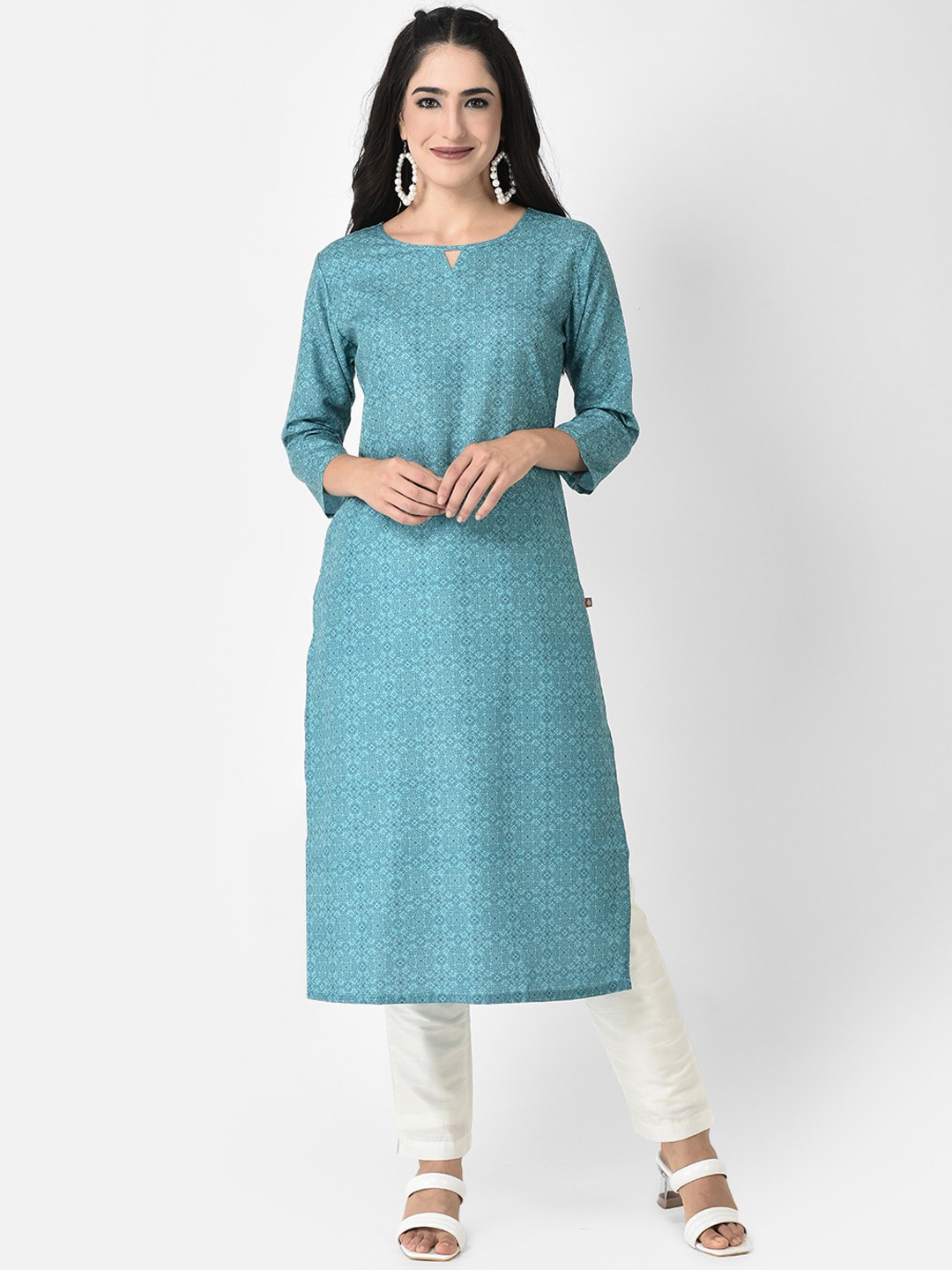 

Span Ethnic Motifs Printed Keyhole Neck Cotton Kurta, Green