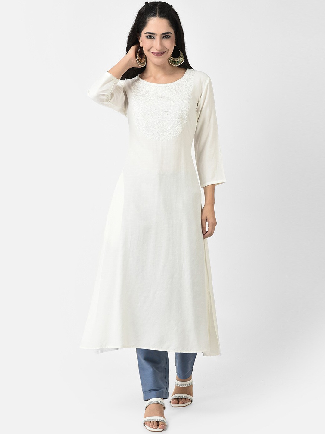 

Span Round Neck Thread Work A-Line Kurta, White