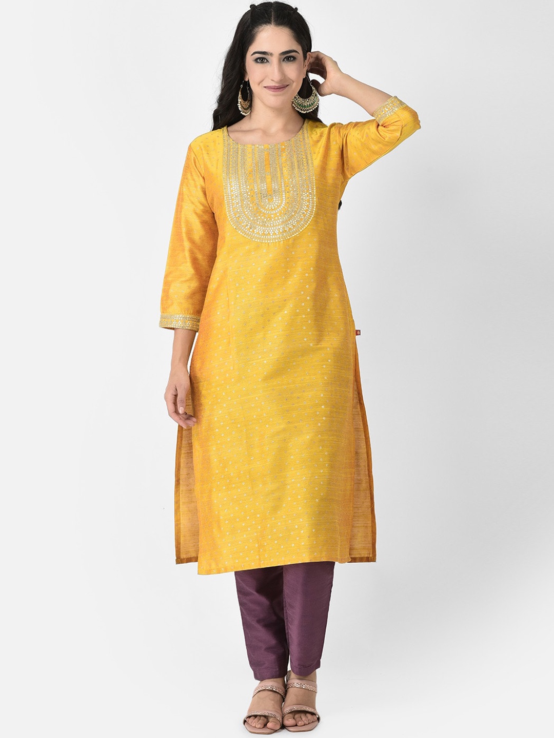 

Span Round Neck Woven Design Sequinned yoke Design Silk Kurta, Yellow