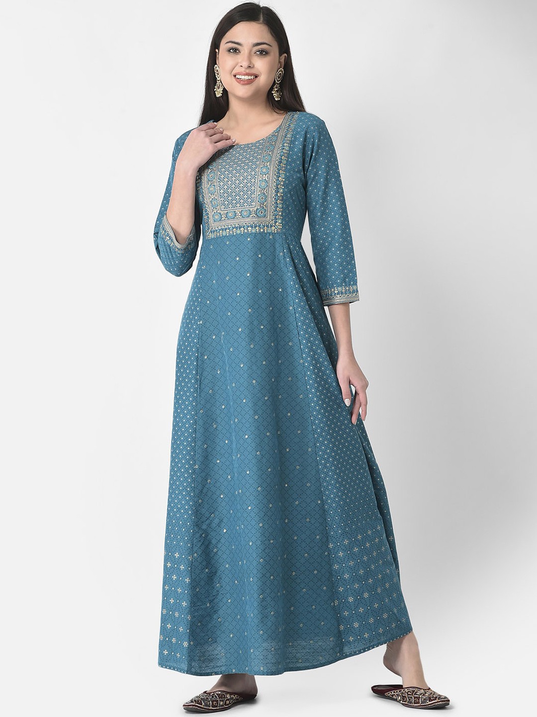 

Span Ethnic Motifs Printed Yoke Design Embroidered Silk Maxi Ethnic Dress, Blue