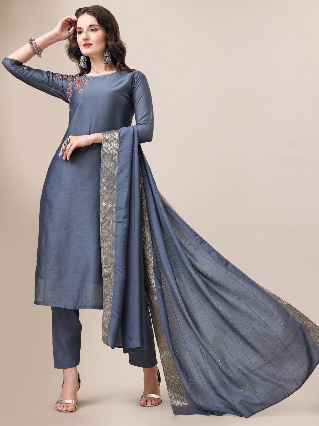 

Berrylicious Thread Work Detailed Chanderi Cotton Straight Kurta & Trousers with Dupatta, Grey