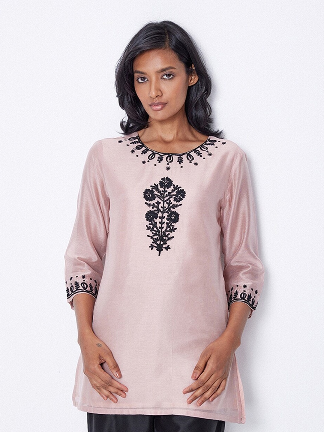 

Ancestry Ethnic Motifs Embroidered Thread Work Chanderi Cotton Kurti, Pink