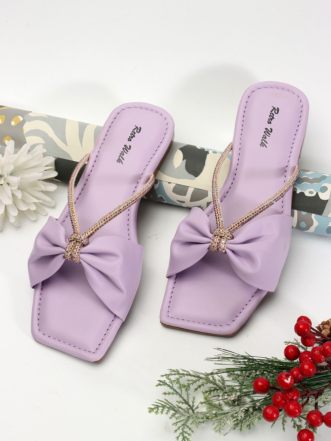 

Retro Walk Bow Embellished Open Toe Flats, Lavender