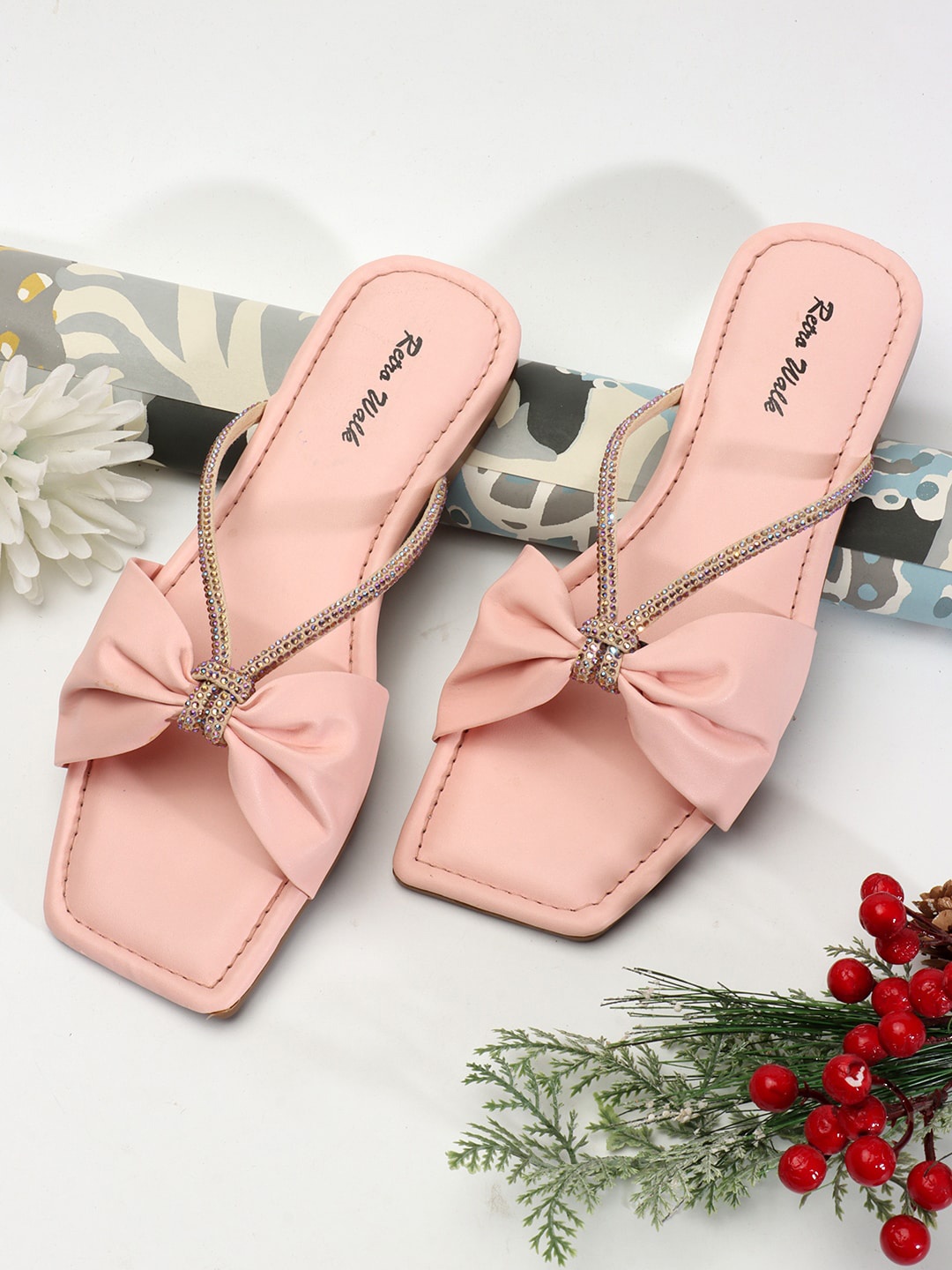 

Retro Walk Bow Embellished Open Toe Flats, Pink