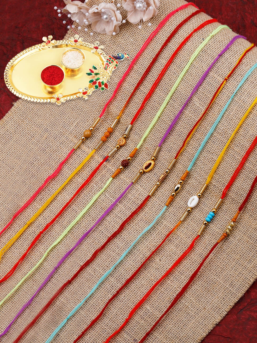 

Silver Shine Men Set Of 10 Rakhi With Roli Chawal Greeting Card & Pooja Thali, Red