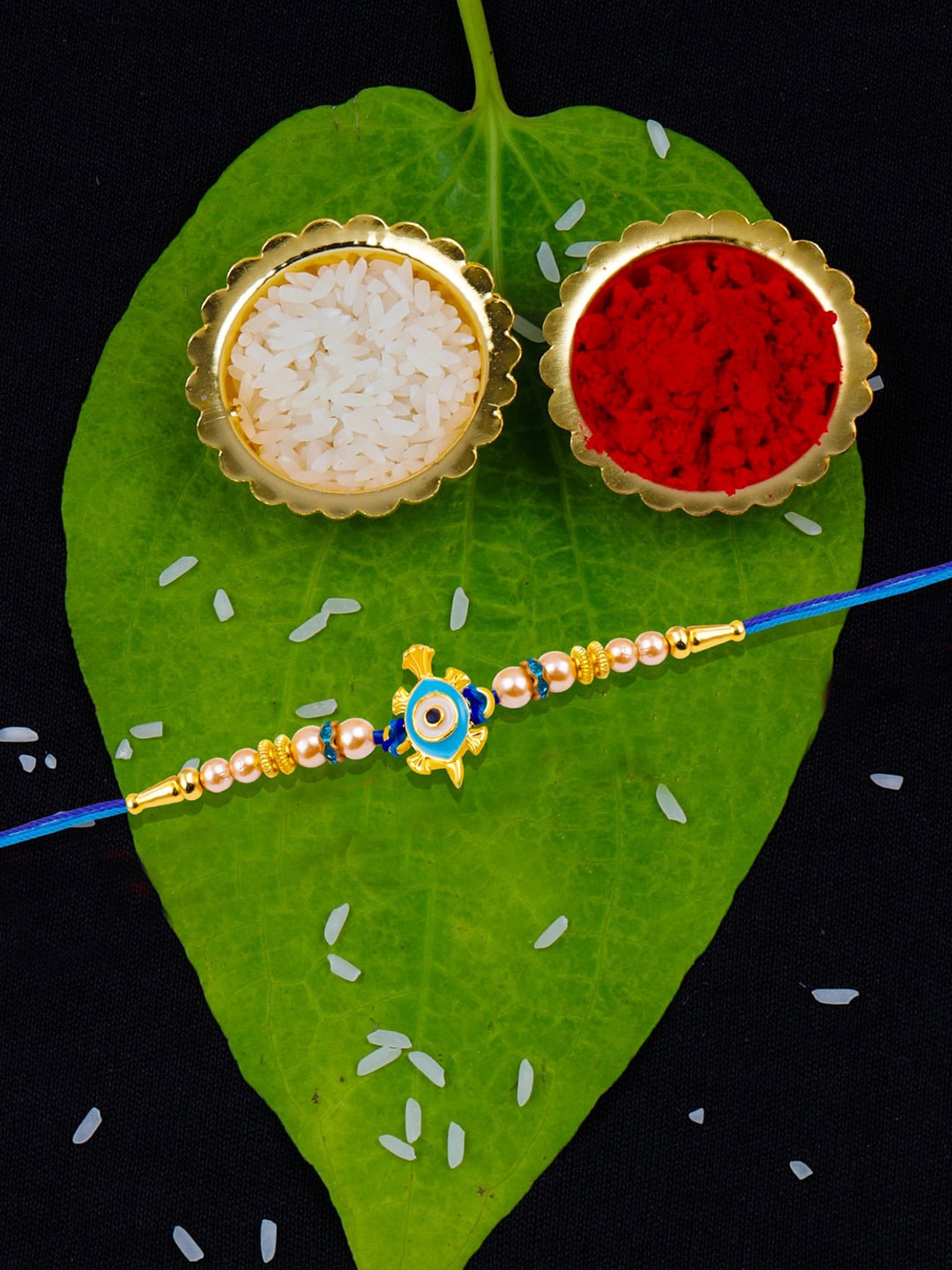 

Silver Shine Unisex Evil Eye Rakhi With Roli Chawal & Greeting Card, Blue