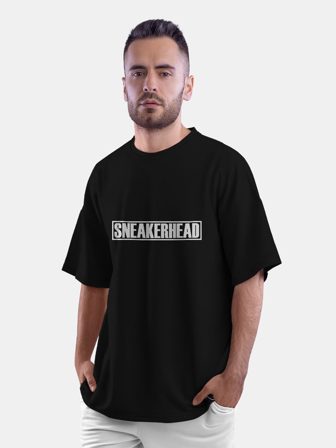 

macmerise Typography Printed Drop Shoulder Sleeves Loose Cotton T-shirt, Black