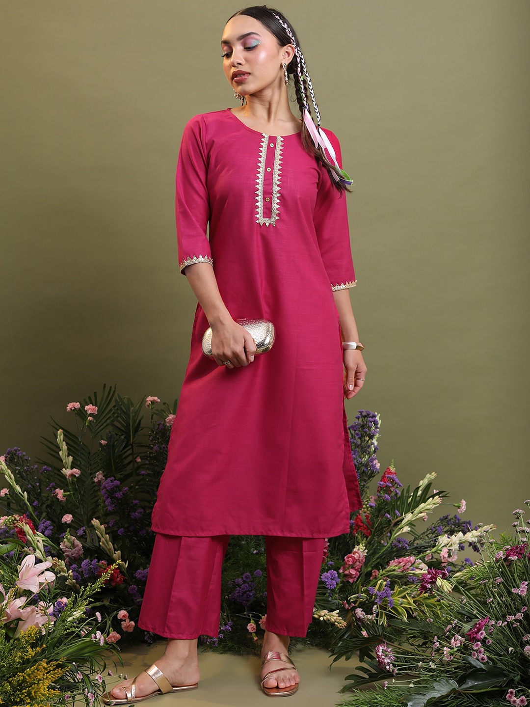 

Vishudh Pink Gotta Patti Detail Straight Kurta with Palazzos
