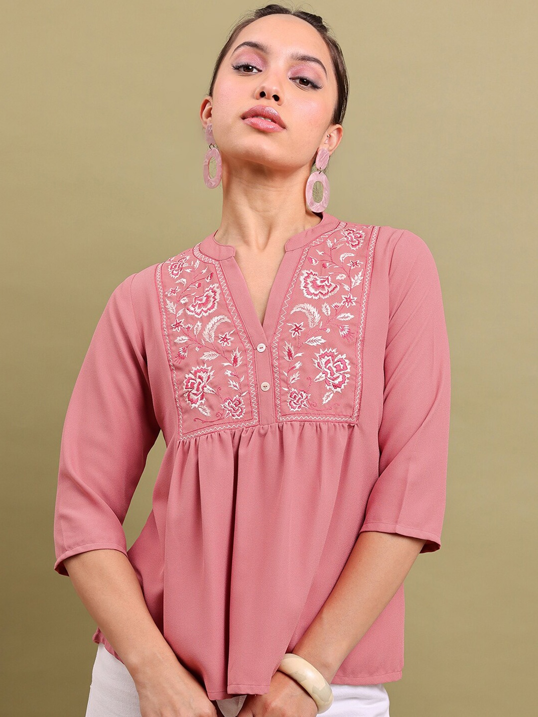 

Vishudh Floral Embroidered Mandarin Collar Top, Pink