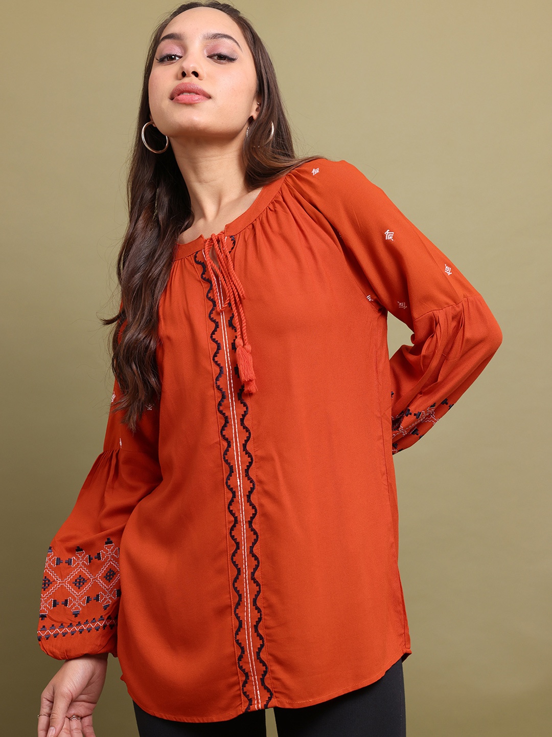 

Vishudh Ethnic Motifs Embroidered Puff Sleeves Tunic, Rust