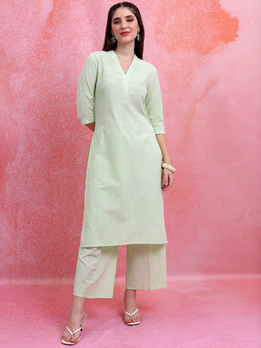 

Vishudh Green V-Neck Striped Printed Straight Kurta with Palazzos