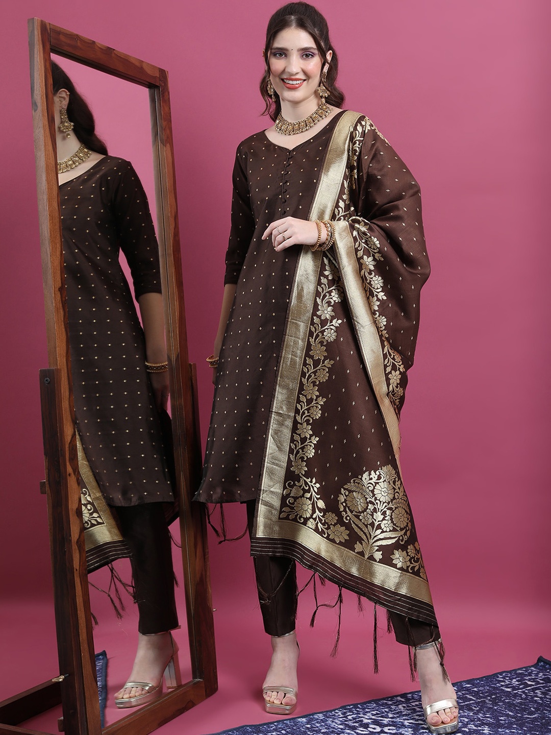 

Vishudh Coffee Brown Ethnic Motifs Woven Design Zari Detail Kurta with Trousers & Dupatta