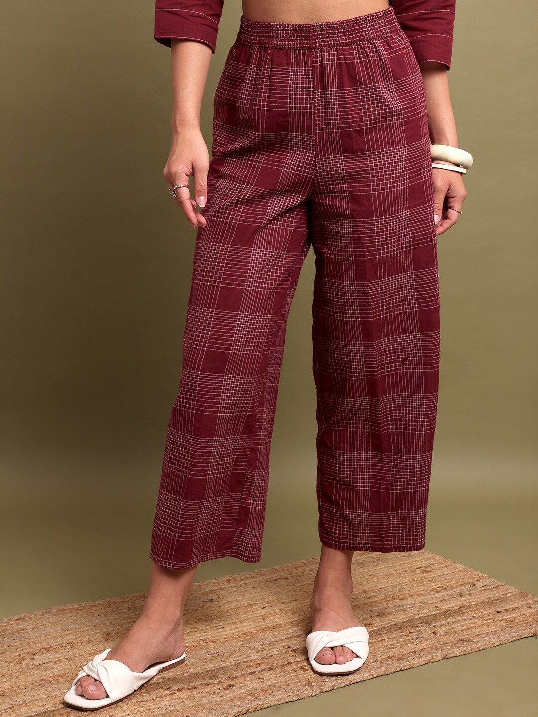 

Vishudh Women Checked Ethnic Straight Fit Cropped Palazzos, Maroon