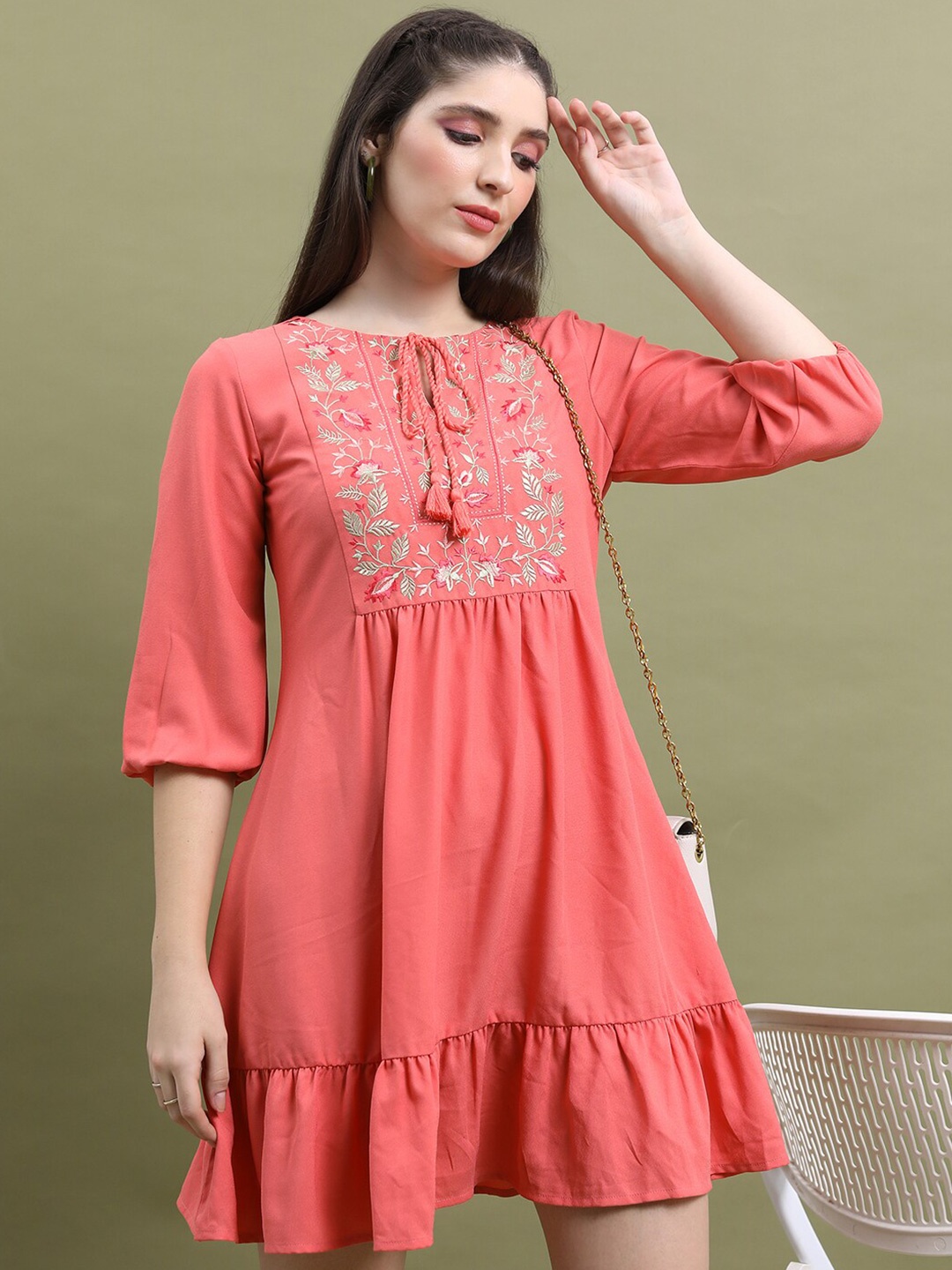 

Vishudh Coral Pink Floral Embroidered Tie-Up Neck A-Line Dress