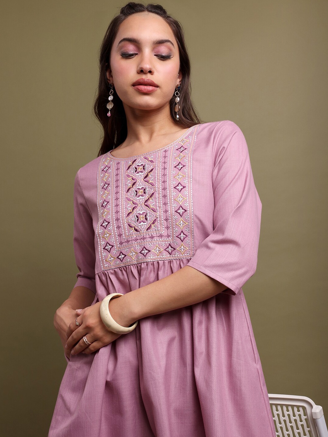 

Vishudh Mauve Ethnic Motifs Embroidered Gathered Or Pleated A-Line Midi Ethnic Dress