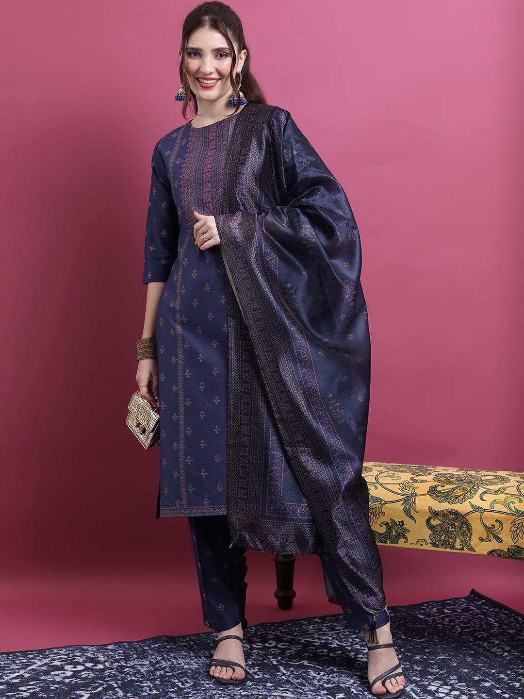 

Vishudh Navy Blue Ethnic Motifs Printed Straight Kurta with Trousers & Dupatta