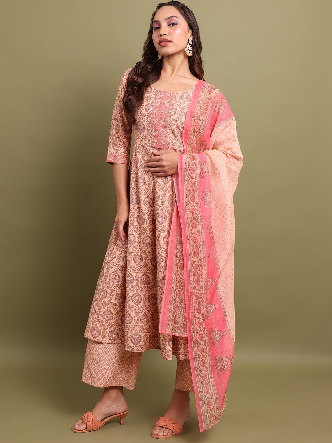 

Vishudh Peach-Coloured Ethnic Motifs Printed Anarkali Kurta with Palazzos & Dupatta