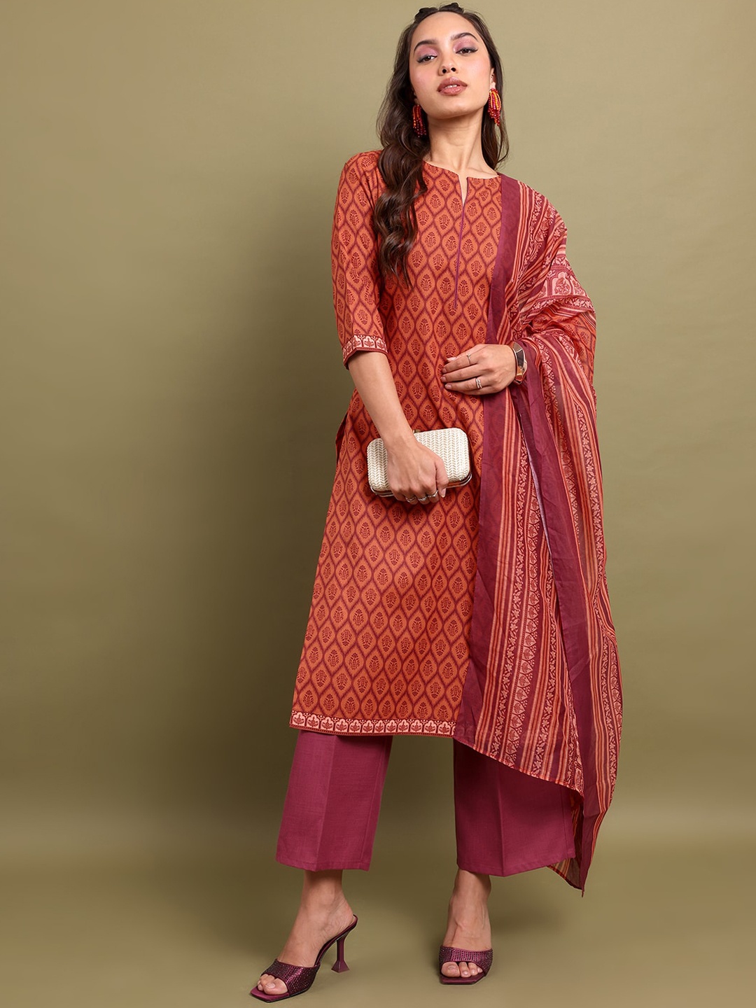 

Vishudh Rust Ethnic Motifs Printed Straight Kurta with Palazzos & Dupatta