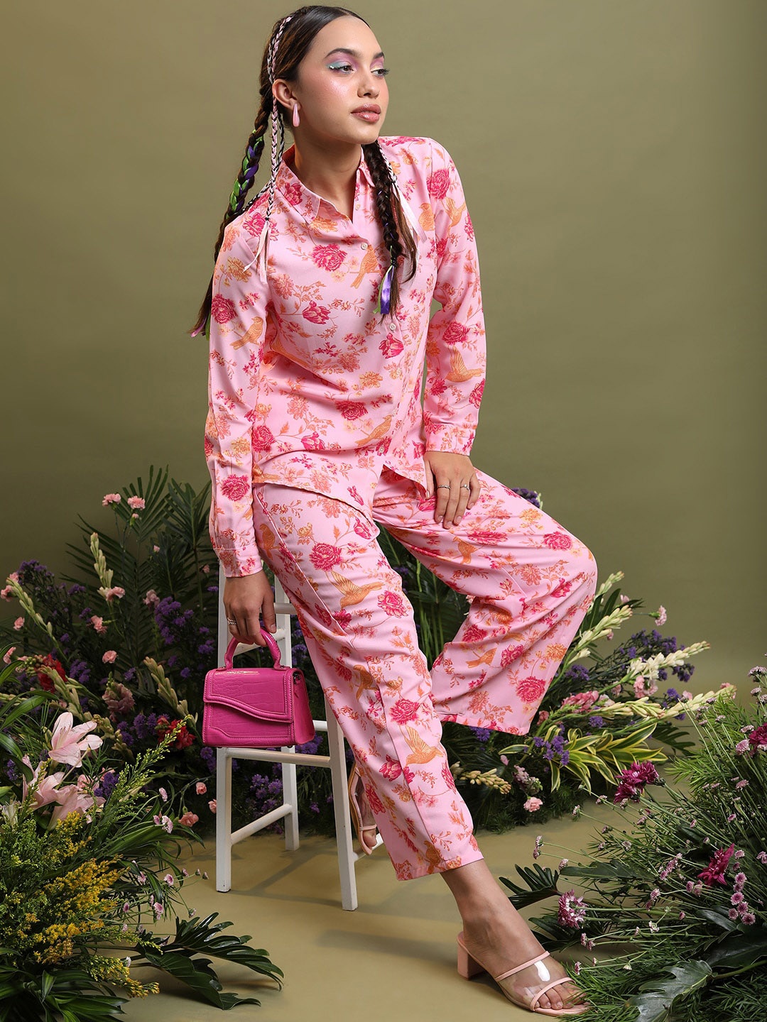 

Vishudh Floral Printed Shirt & Palazzos, Pink