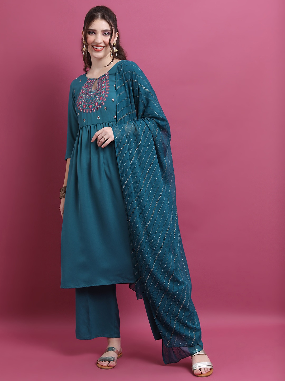 

Vishudh Teal Ethnic Motifs Thread Work Pleated A-Line Kurta with Palazzos & Dupatta