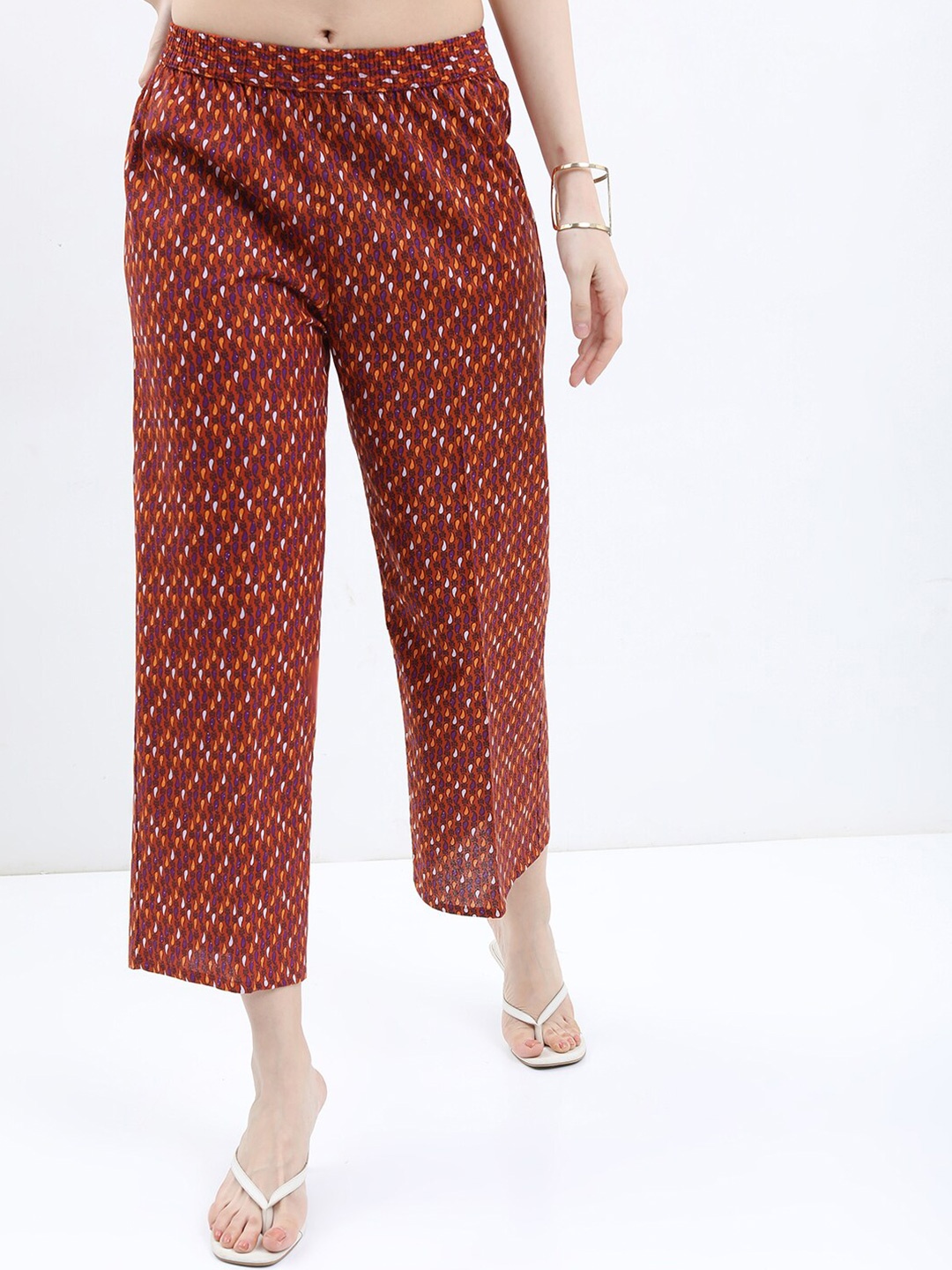 

Vishudh Women Ethnic Motifs Printed Straight Fit Cropped Palazzos, Red