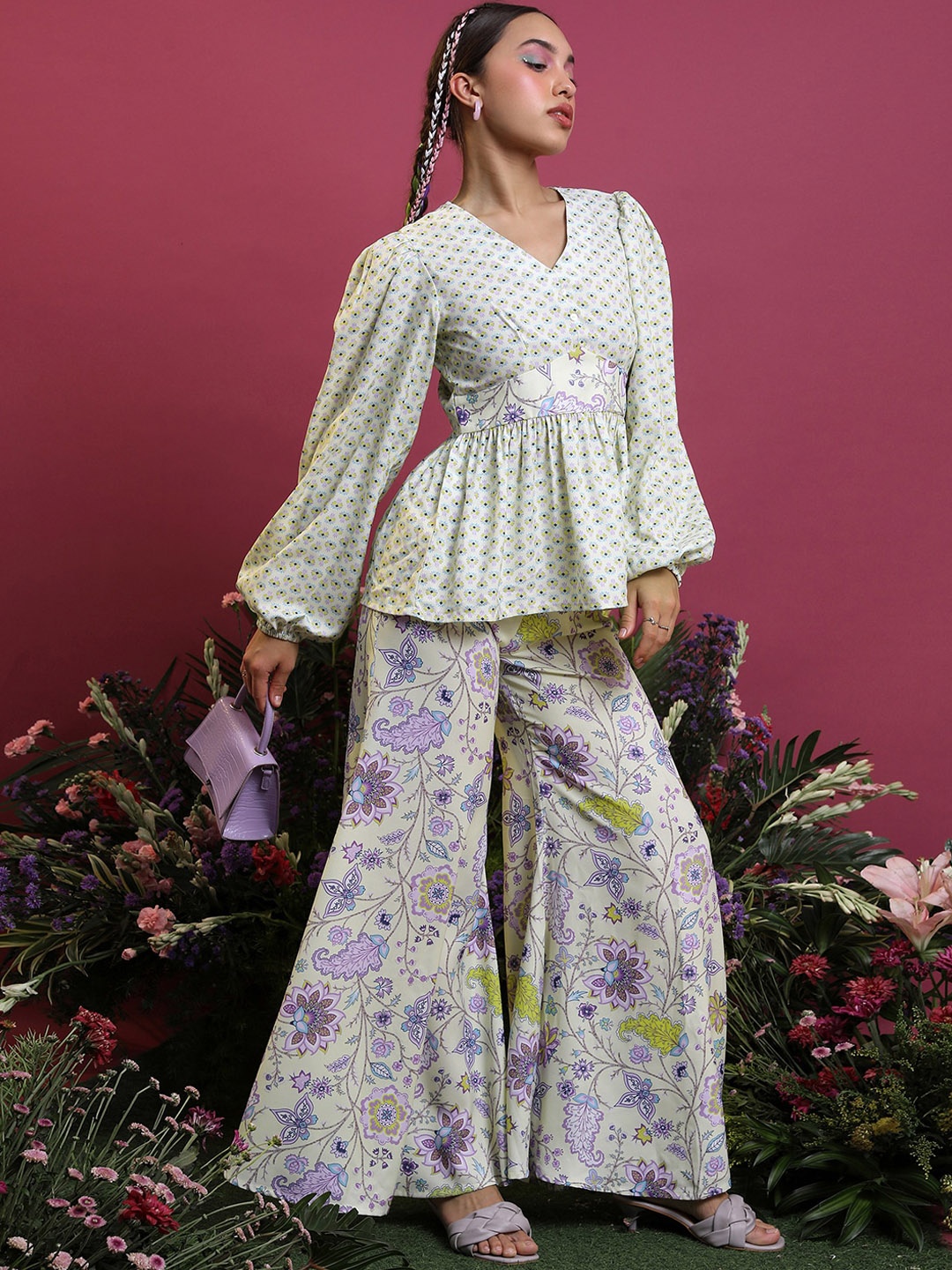 

Vishudh Floral Printed A-Line Top With Flared Palazzos, Lime green