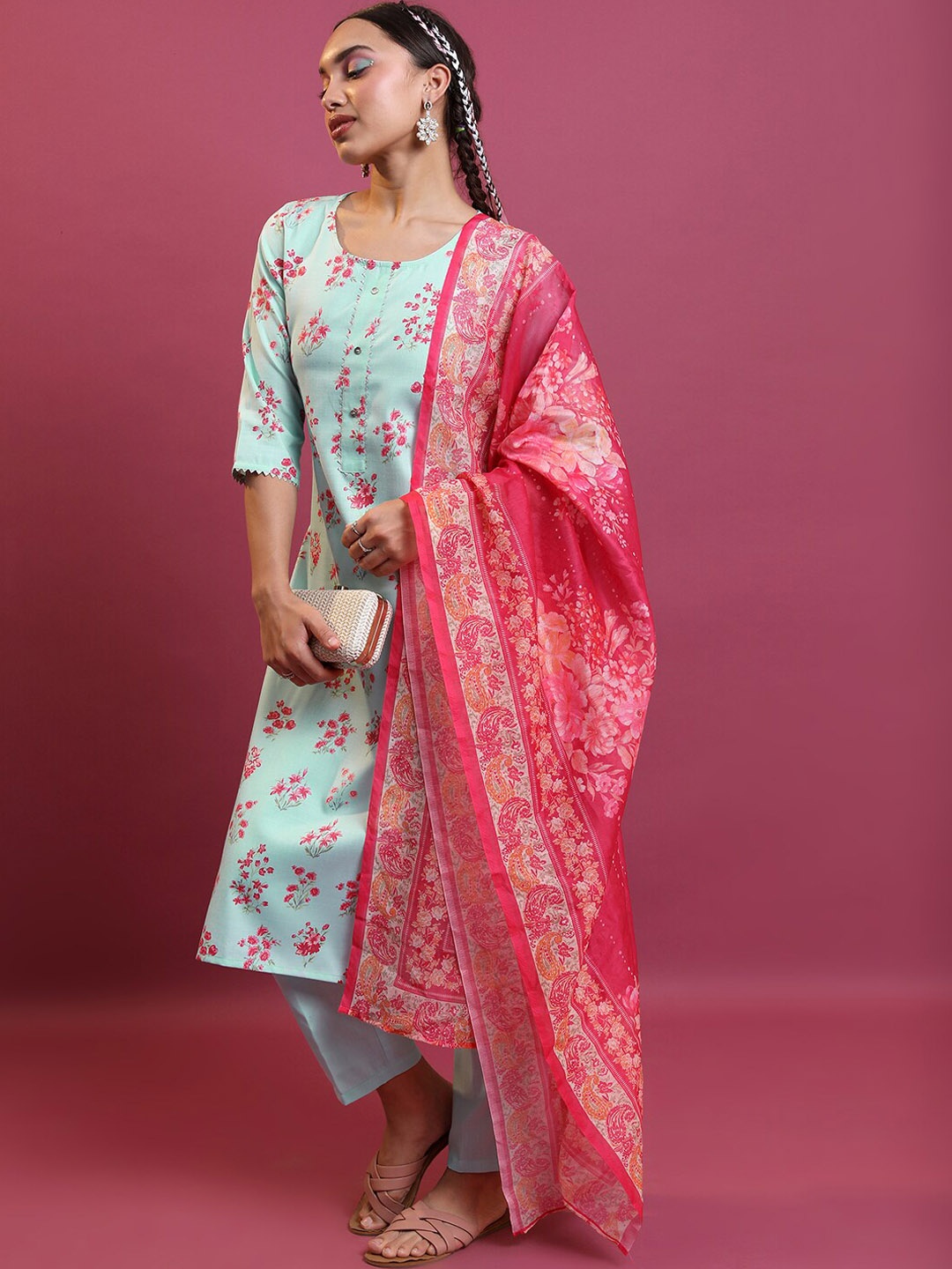 

Vishudh Blue Floral Printed Gotta Patti Straight Kurta with Trousers & Dupatta