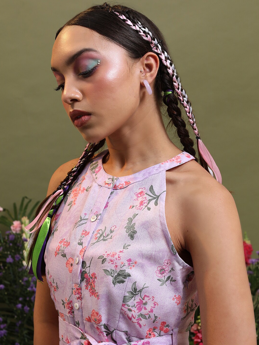 

Vishudh Lavender Floral Printed Halter Neck Tie Ups Detail A-Line Midi Dress