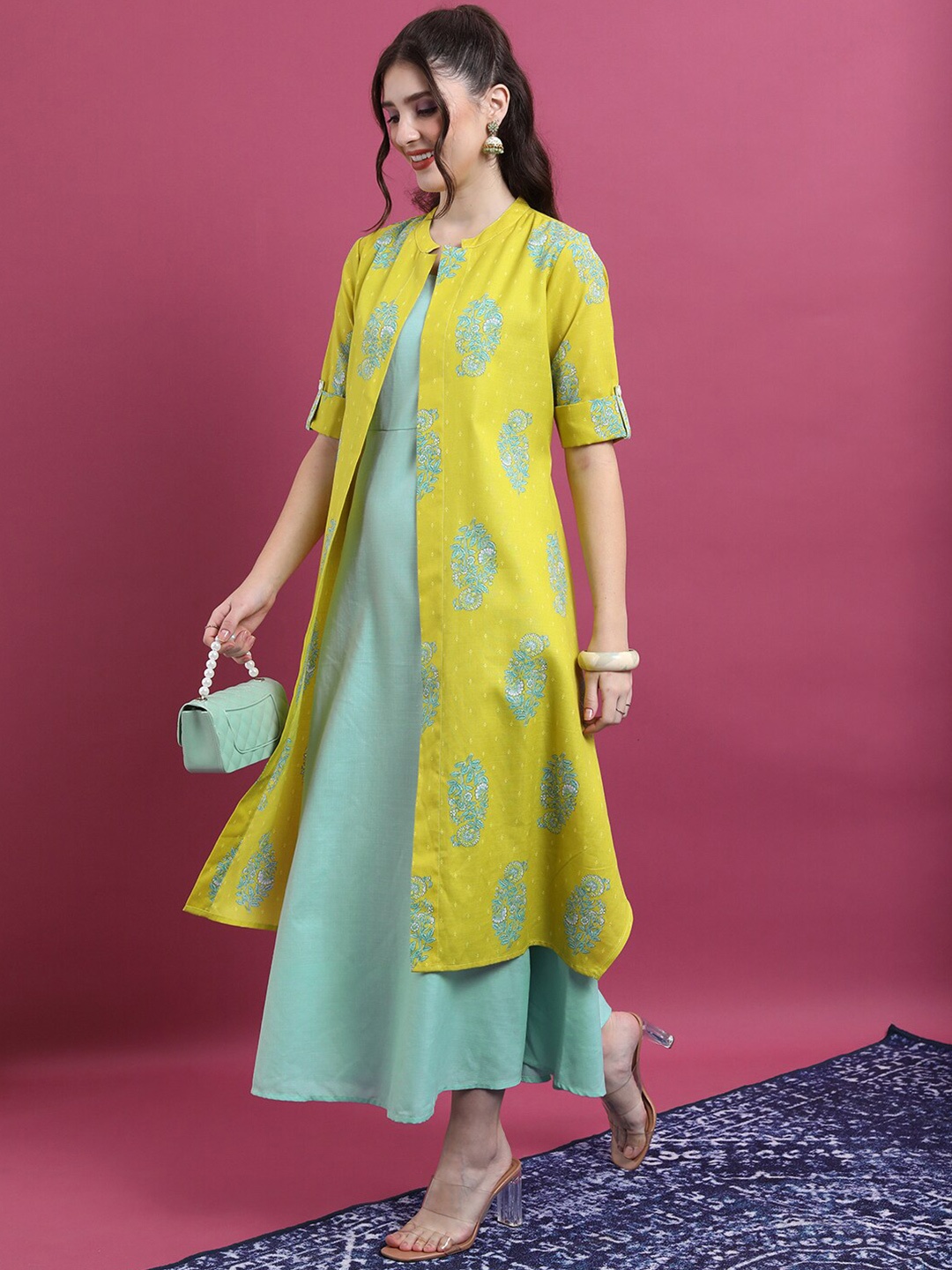 

Vishudh Lime Green Ethnic Motifs Printed A-Line Maxi Ethnic Dress With Long Overlay