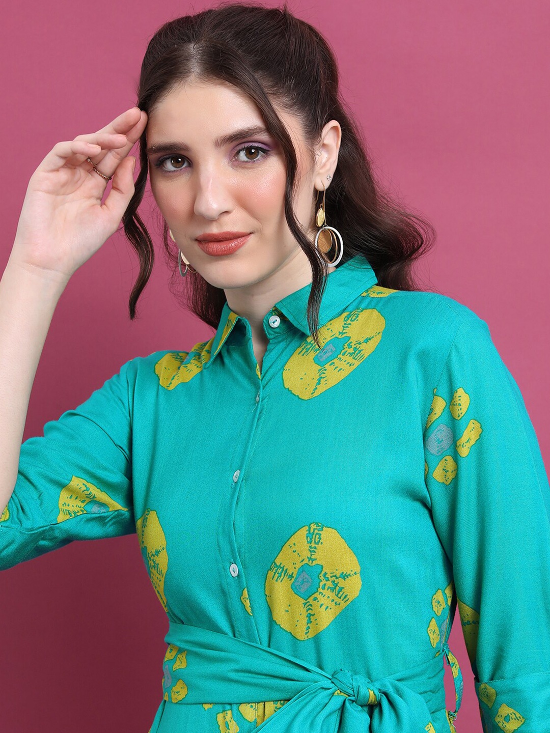 

Vishudh Turquoise Blue Geometric Printed Tie Ups Detail Shirt Style Dress