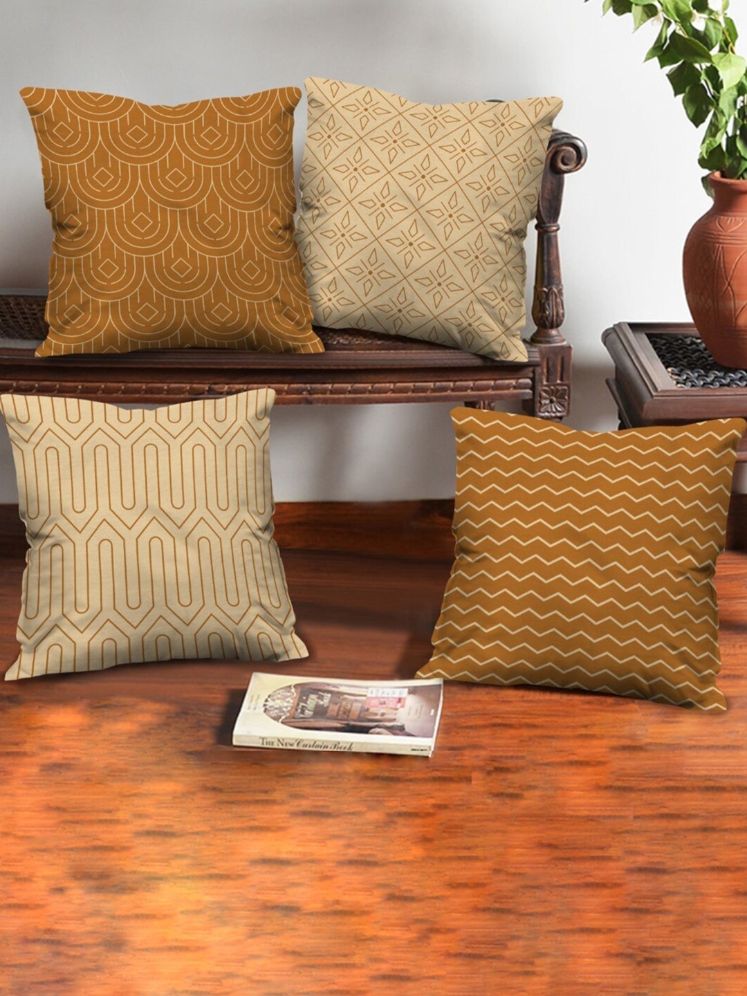 

Indigifts Generic Brown & Beige 4 Pieces Geometric Printed Velvet Square Cushion Covers