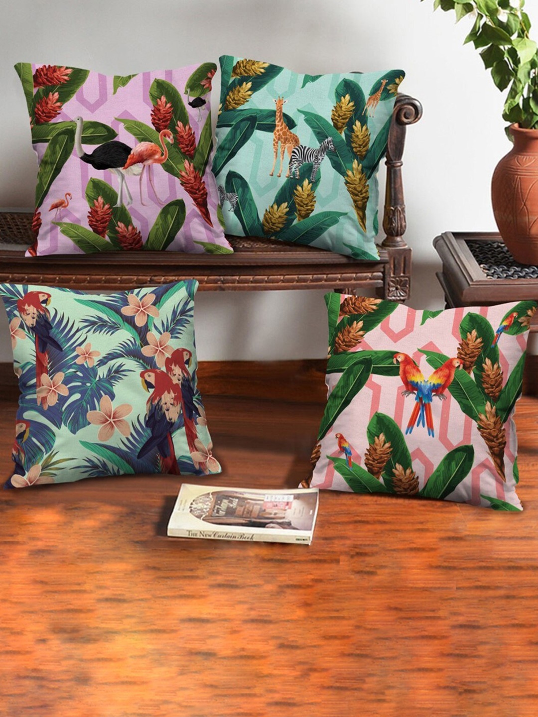 

Indigifts Generic Blue & Green 4 Pieces Floral Printed Velvet Square Cushion Covers