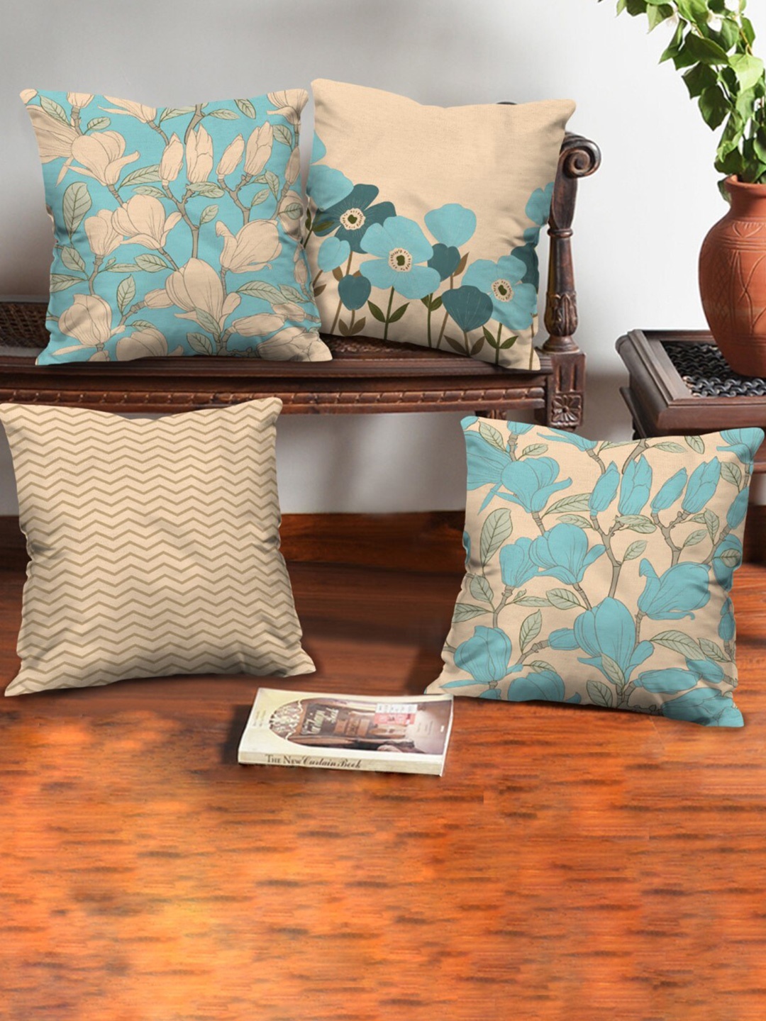 

Indigifts Generic Blue & Beige 4 Pieces Floral Printed Velvet Square Cushion Covers