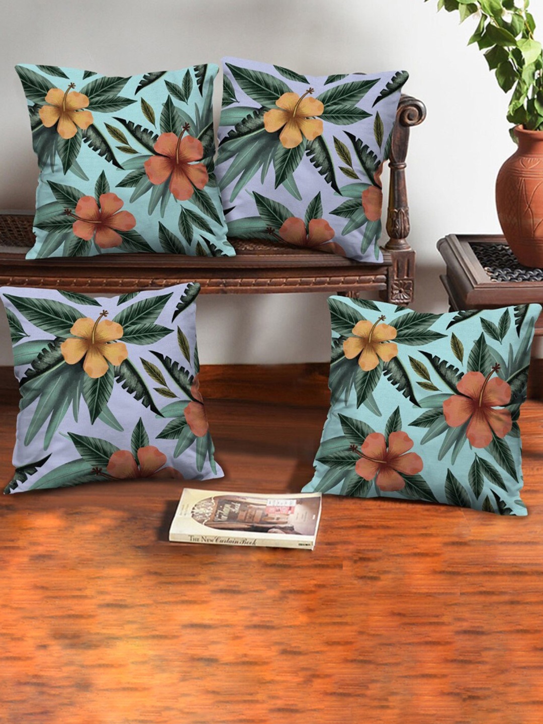 

Indigifts Generic Green & Mustard 4 Pieces Floral Printed Velvet Square Cushion Covers