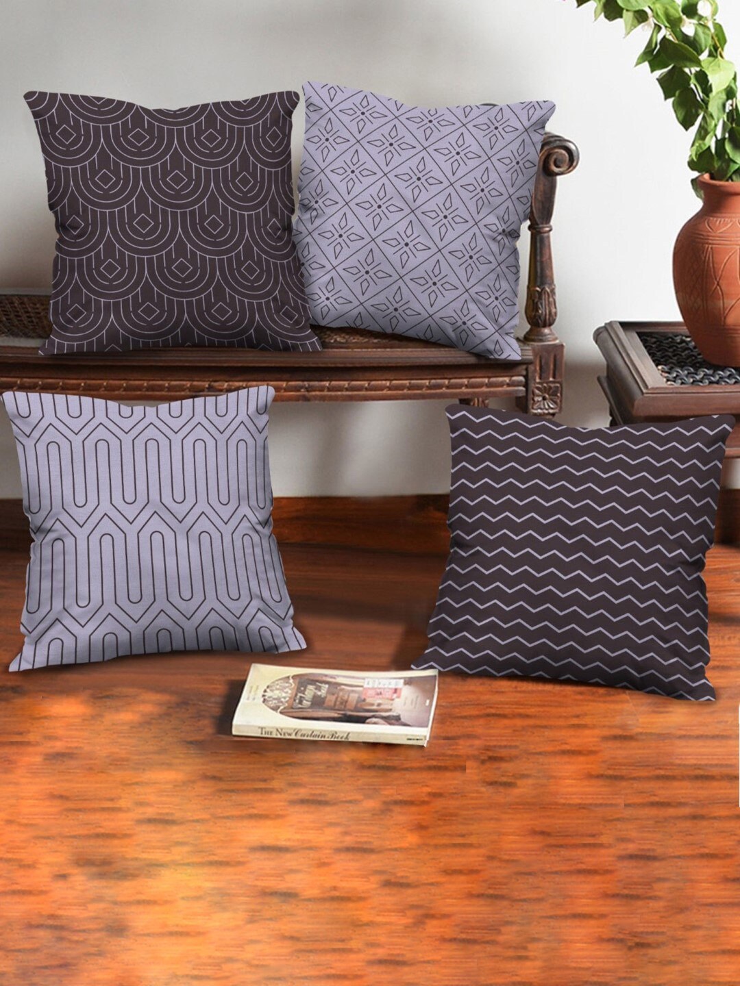 

Indigifts Generic Violet & Grey 4 Pieces Geometric Printed Velvet Square Cushion Covers