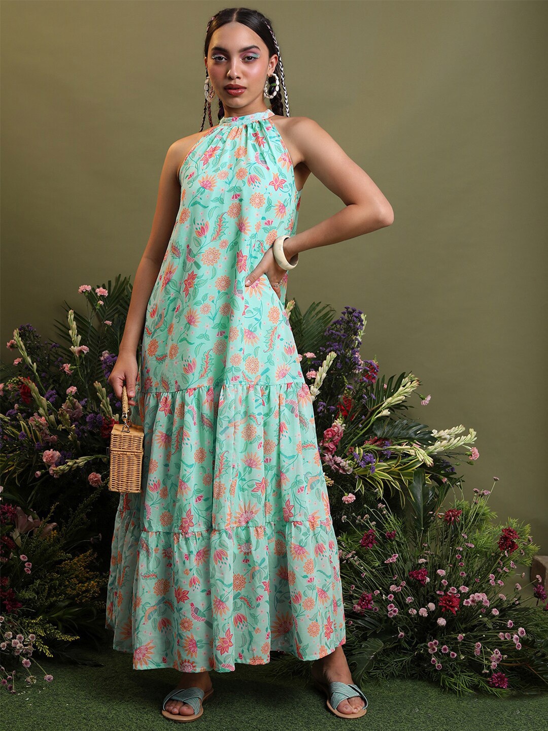 

Vishudh Sea Green Floral Printed Halter Neck Gathered Or Pleated Tiered Maxi Dress