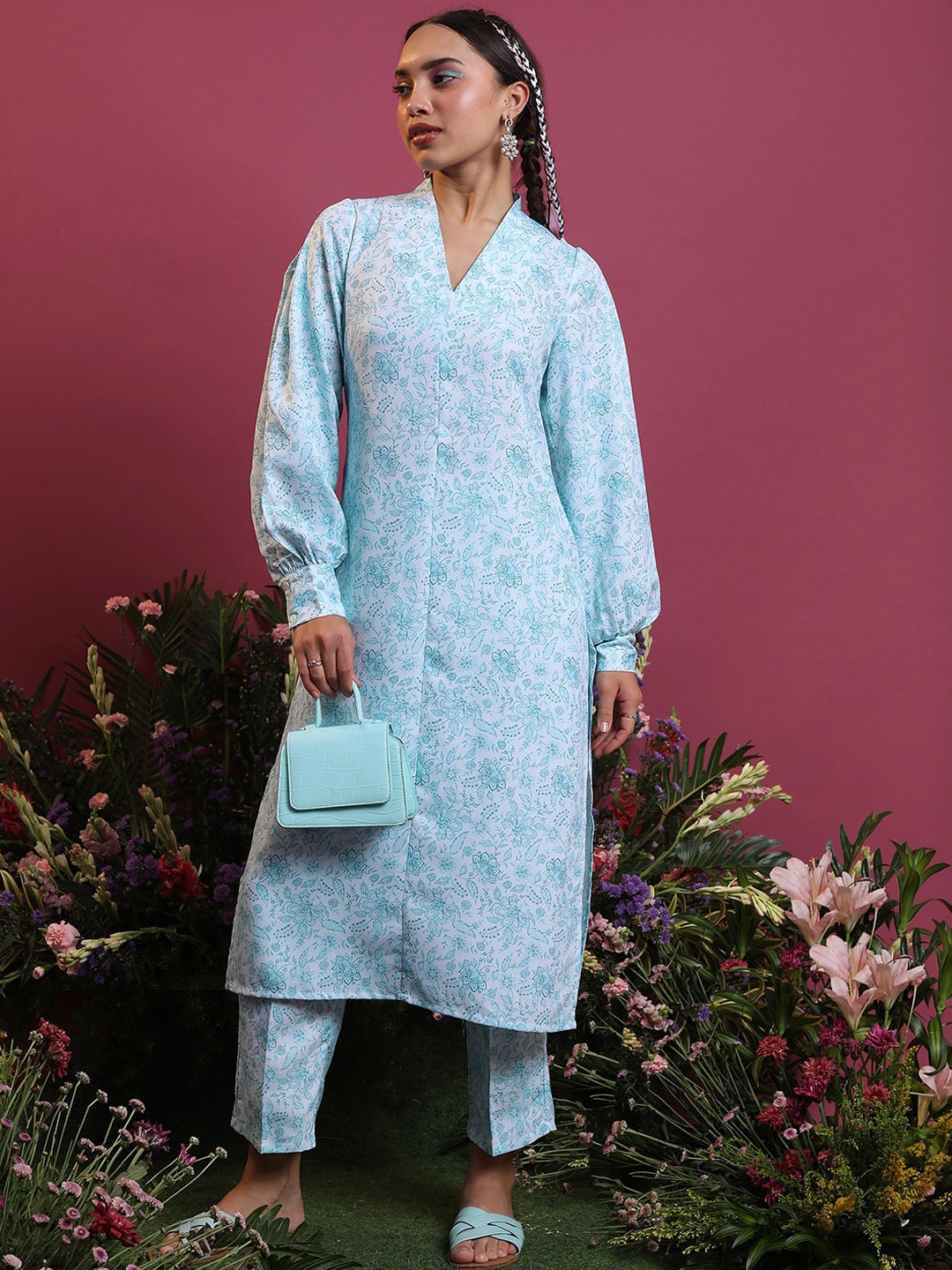 

Vishudh Blue V-Neck Puffed Sleeves Floral Printed Straight Kurta with Trousers