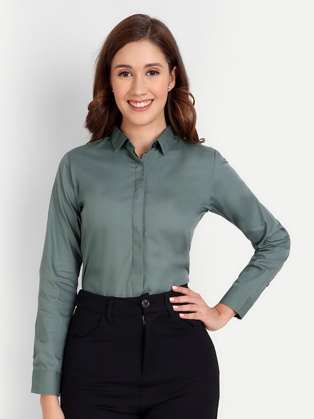 

ASCIIBLUES Regular Fit Spread Collar Long Sleeve Cotton Formal Shirt, Green