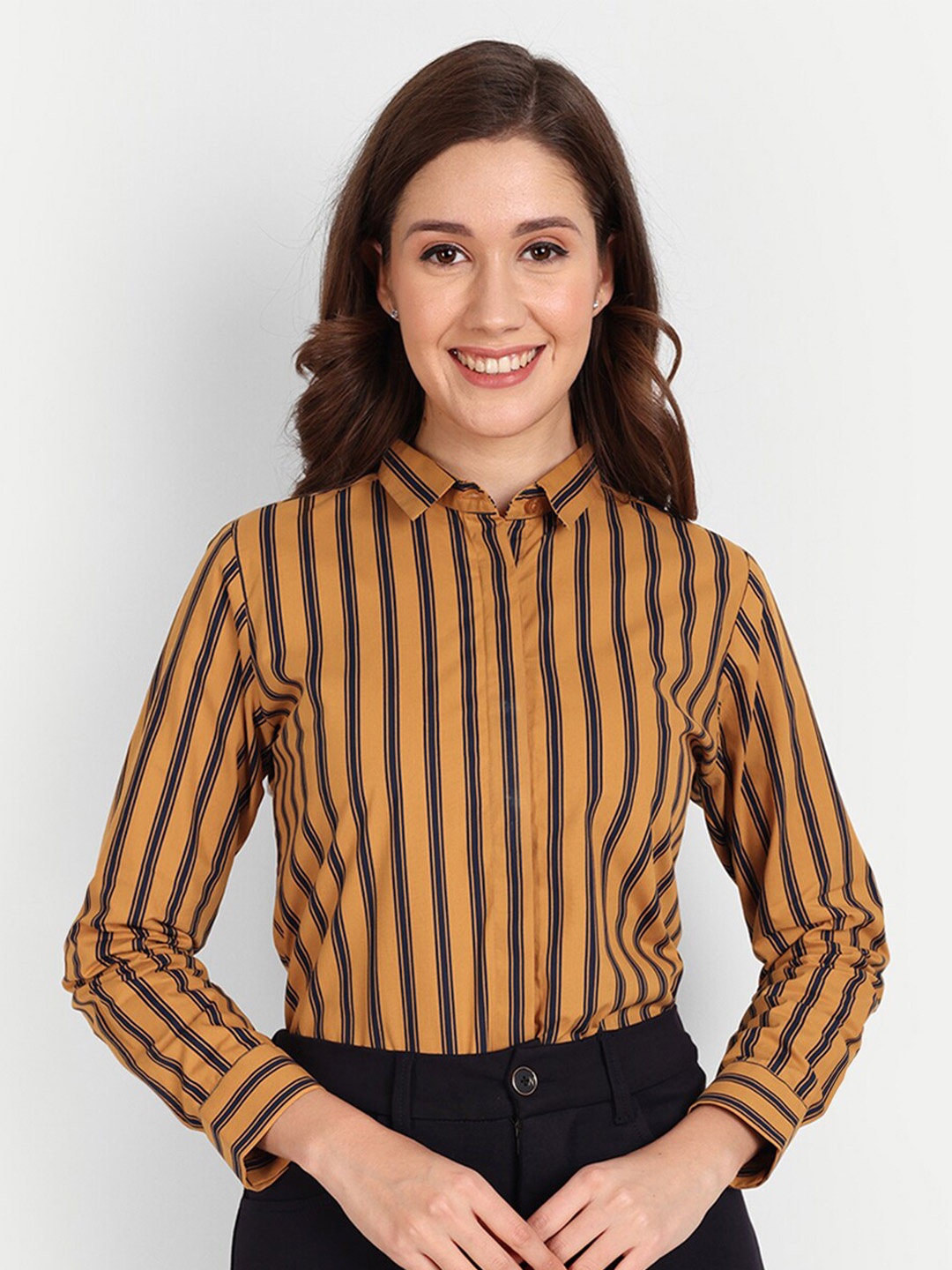 

ASCIIBLUES Regular Fit Vertical Stripes Spread Collar Long Sleeve Cotton Formal Shirt, Mustard