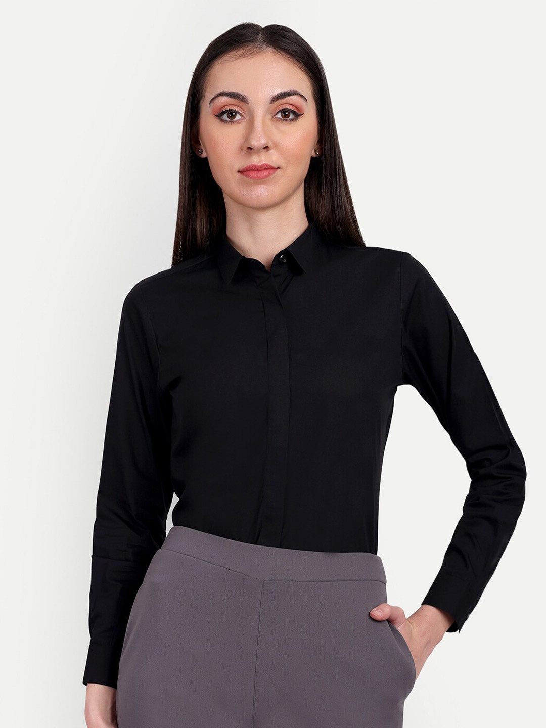 

ASCIIBLUES Regular Fit Spread Collar Long Sleeve Cotton Formal Shirt, Black
