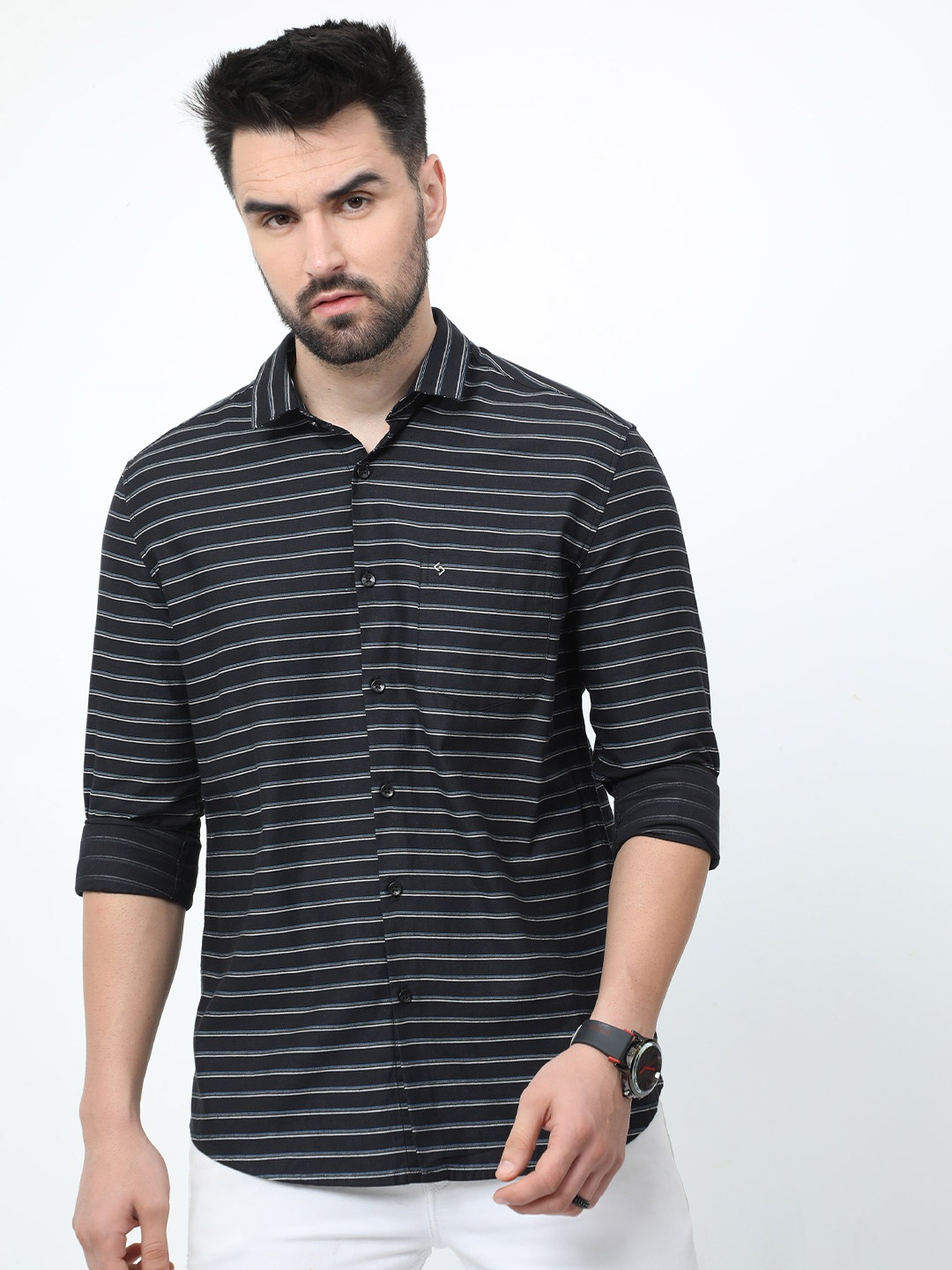 

Classic Polo India Slim Horizontal Stripes Cotton Casual Shirt, Black