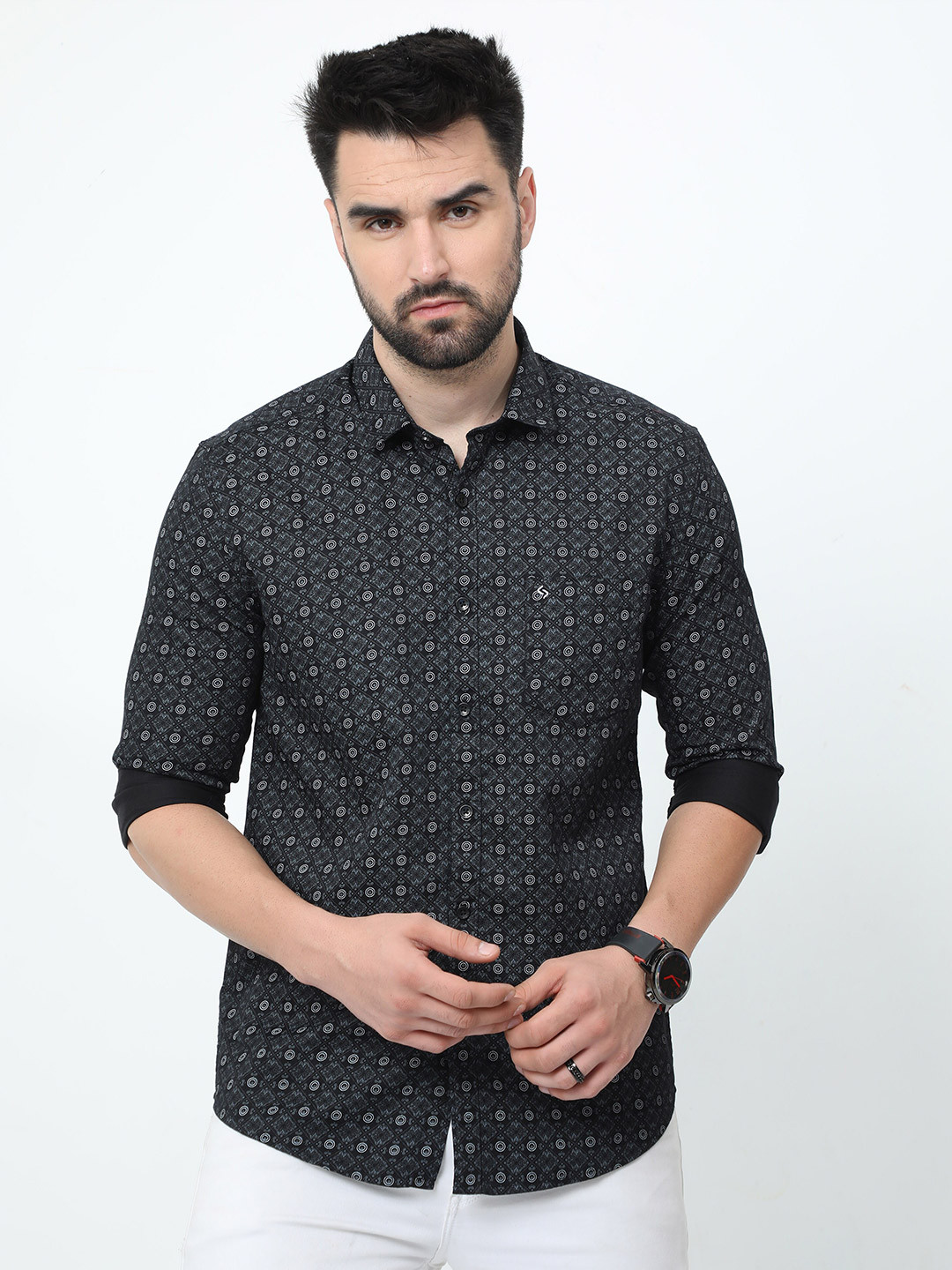 

Classic Polo India Slim Geometric Printed Cotton Casual Shirt, Black