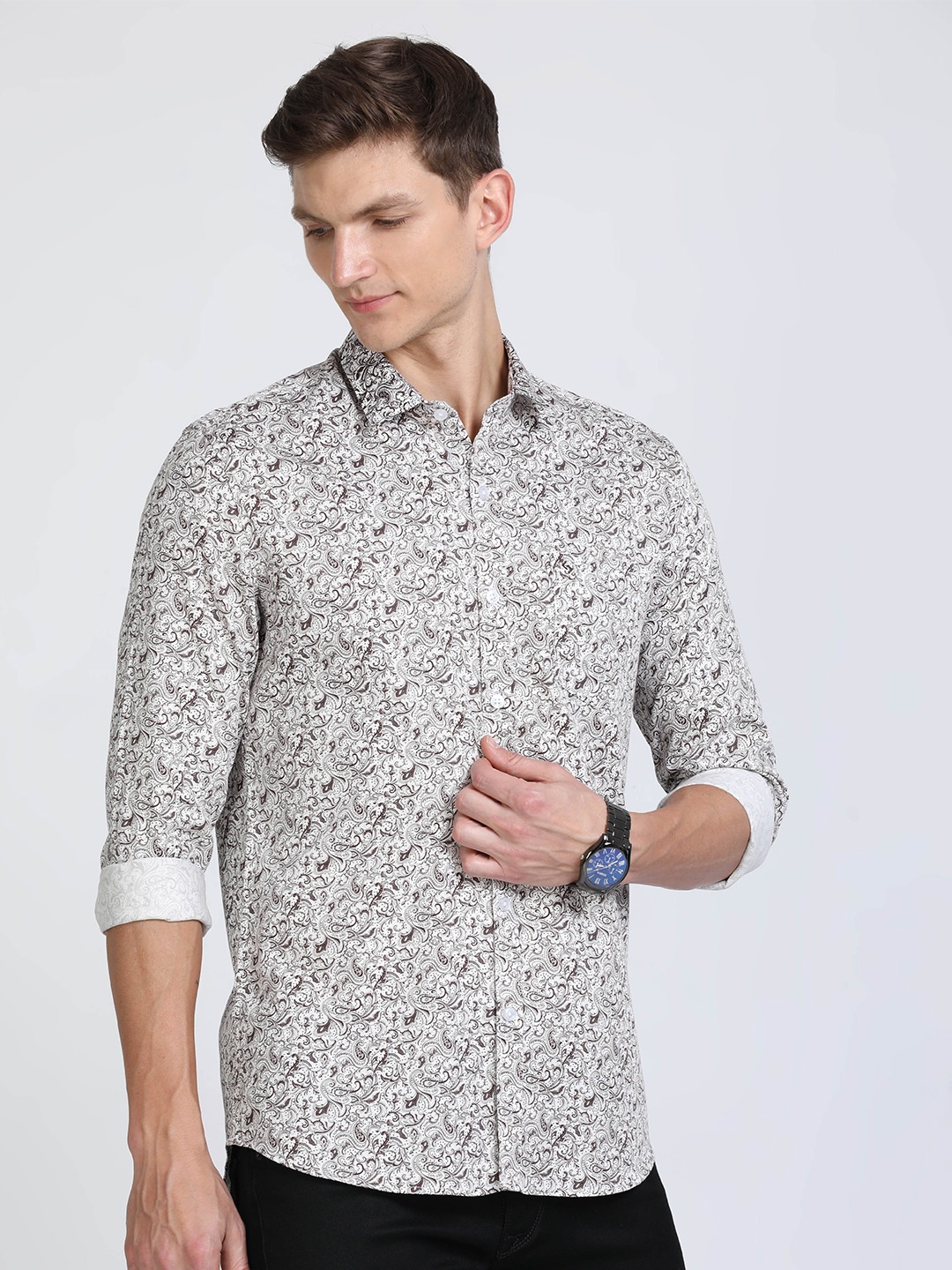 

Classic Polo India Slim Ethnic Motifs Printed Cotton Casual Shirt, White