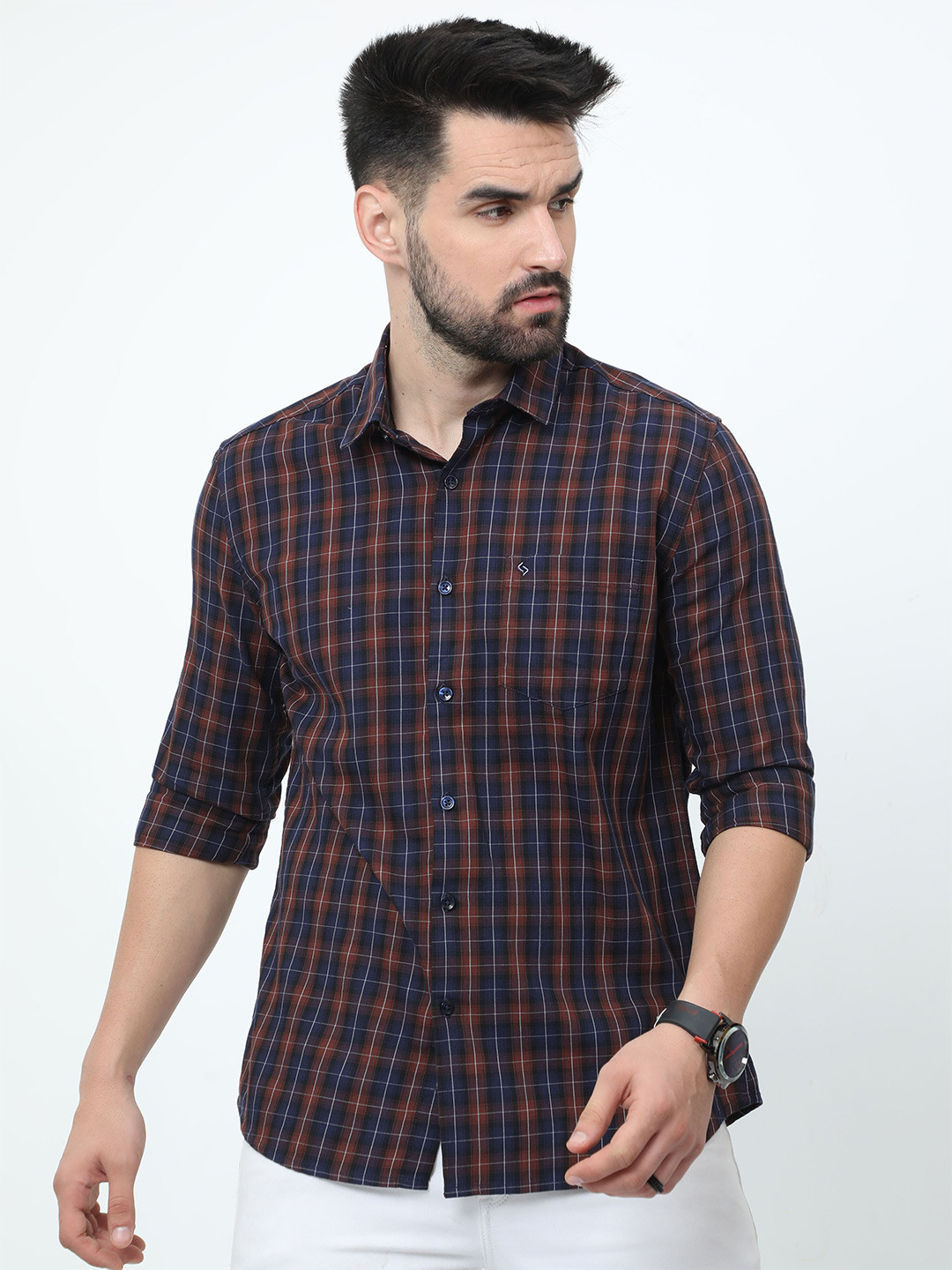 

Classic Polo India Slim Tartan Checks Checked Cotton Casual Shirt, Brown