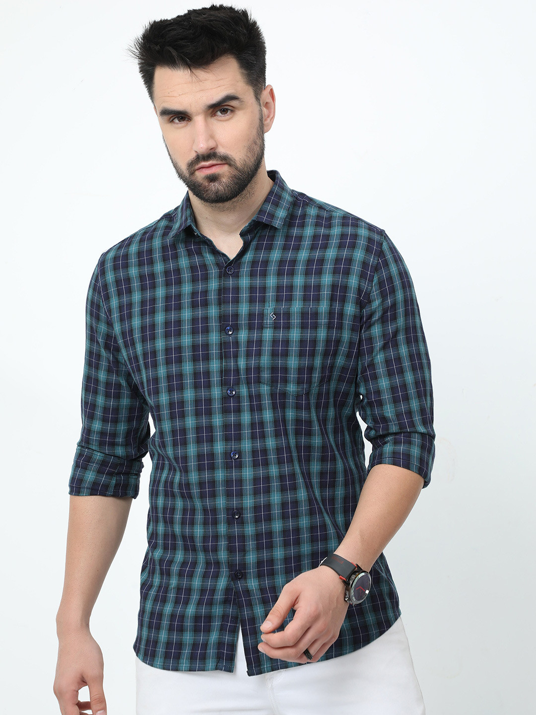 

Classic Polo India Slim Tartan Checks Checked Cotton Casual Shirt, Blue