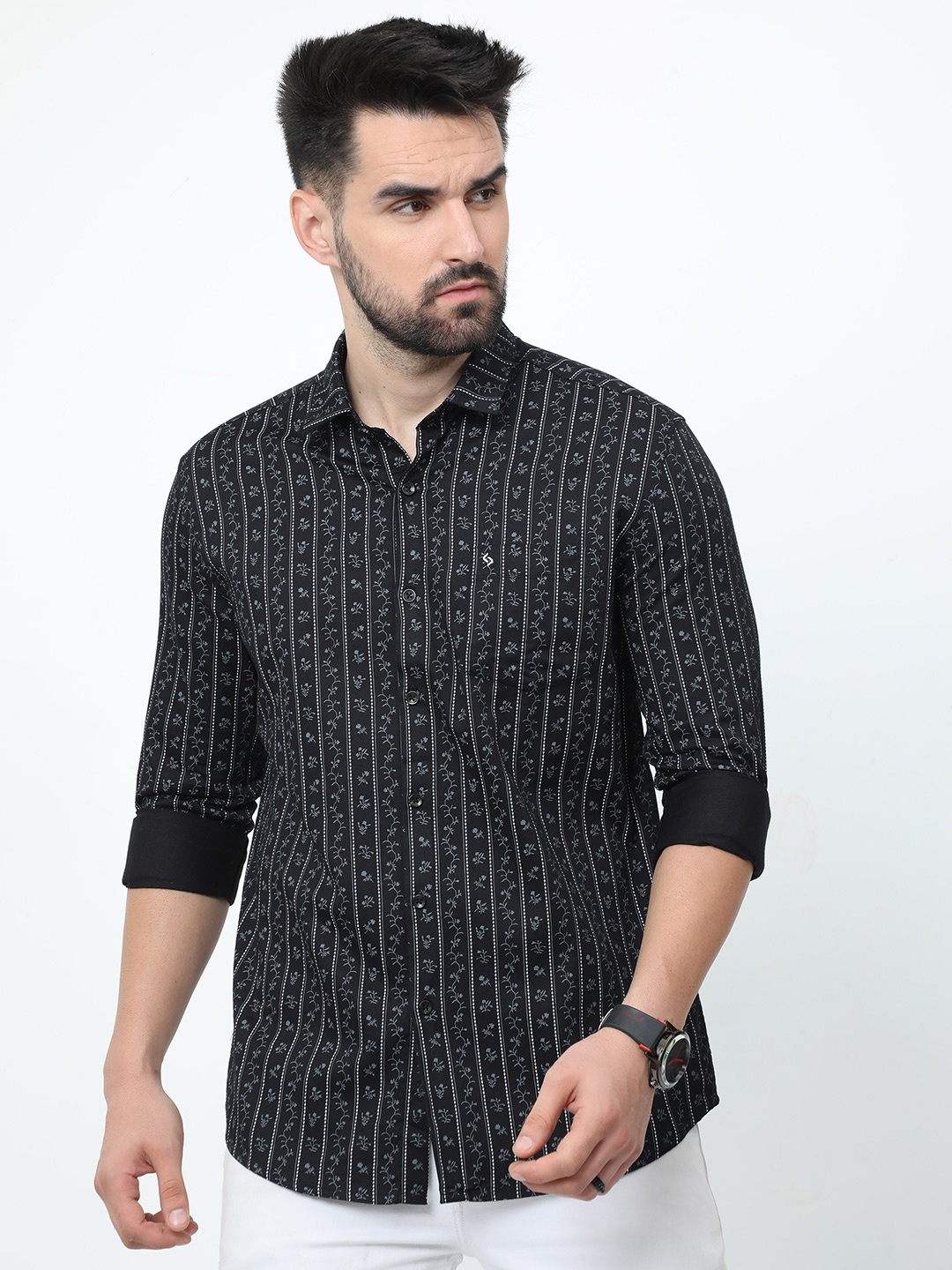 

Classic Polo India Slim Geometric Printed Cotton Casual Shirt, Black