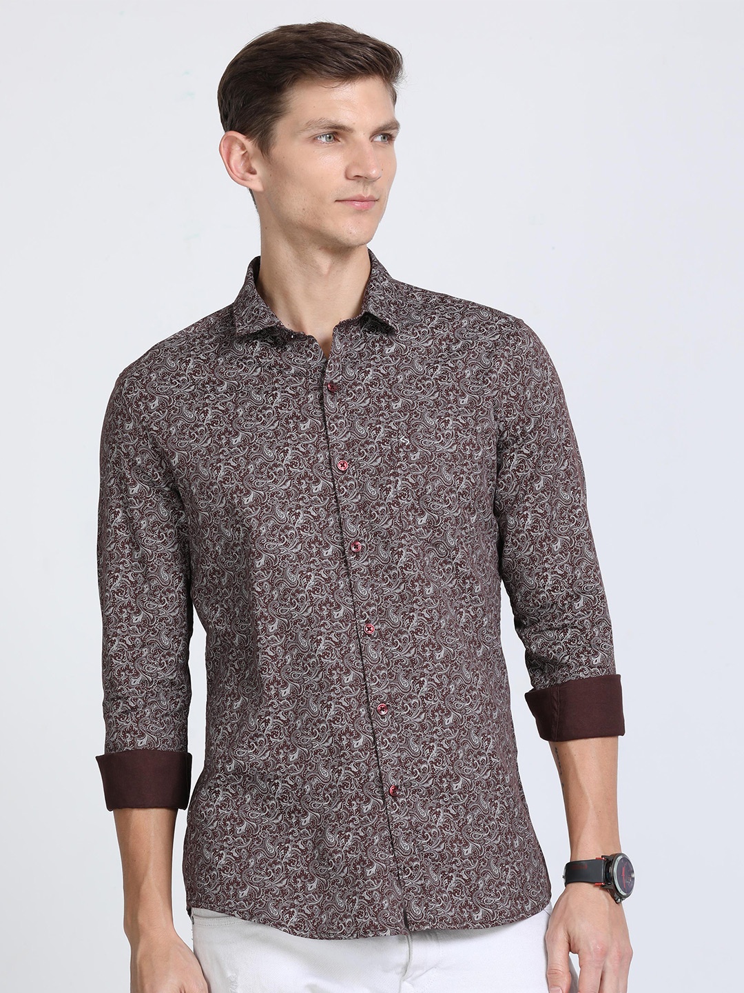 

Classic Polo India Slim Ethnic Motifs Printed Cotton Casual Shirt, Brown