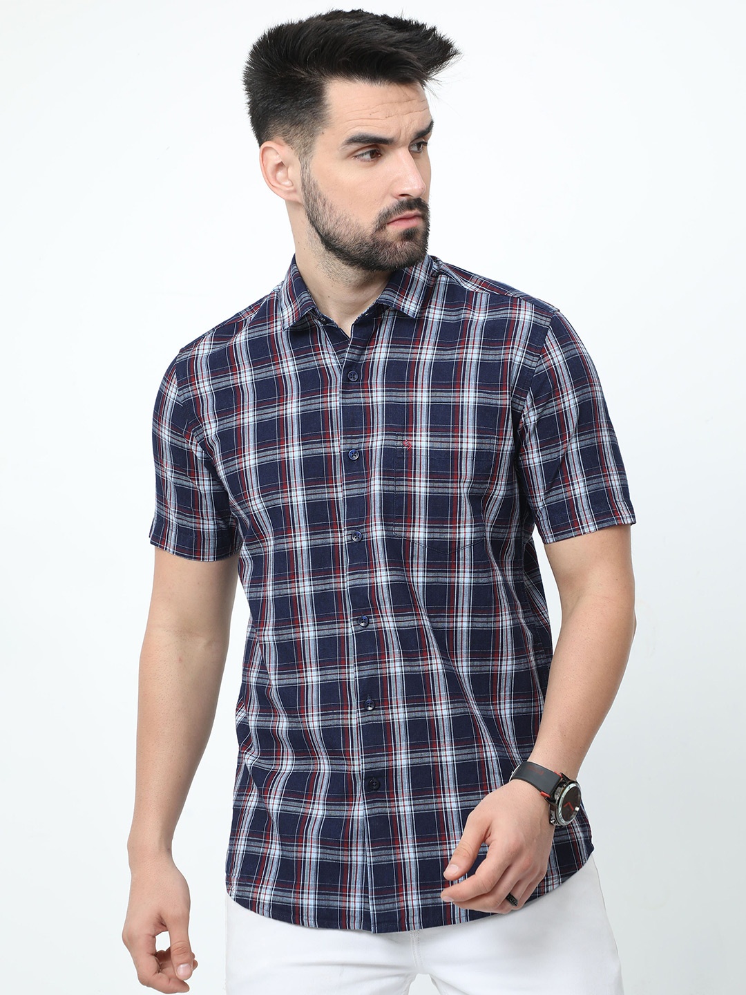 

Classic Polo India Slim Tartan Checked Cotton Casual Shirt, Navy blue